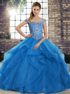 Admirable Blue Off The Shoulder Neckline Beading and Ruffles Quince Ball Gowns Sleeveless Lace Up