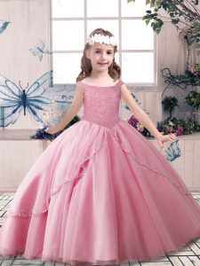 Fashionable Tulle Off The Shoulder Sleeveless Lace Up Beading Girls Pageant Dresses in Rose Pink 