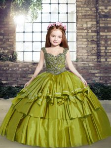 Perfect Sleeveless Floor Length Beading Lace Up Little Girls Pageant Dress with Olive Green