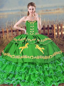 Super Sleeveless Embroidery and Ruffled Layers Lace Up 15th Birthday Dress with Green Brush Train