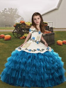 Custom Design Floor Length Blue Child Pageant Dress Organza Sleeveless Embroidery and Ruffled Layers
