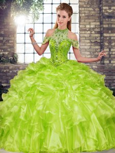 Admirable Olive Green Sleeveless Beading and Ruffles Floor Length 15th Birthday Dress