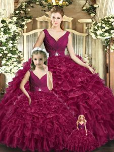 Sophisticated Burgundy Backless V-neck Beading and Ruffles Quinceanera Dresses Organza Sleeveless