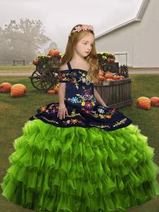 Hot Sale Olive Green Organza Lace Up Straps Sleeveless Floor Length Little Girl Pageant Gowns Embroidery