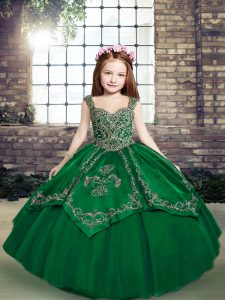  Dark Green Ball Gowns Tulle Straps Sleeveless Beading and Embroidery Floor Length Lace Up Child Pageant Dress