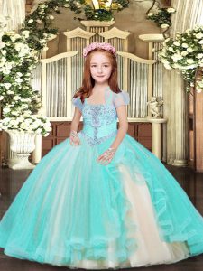  Ball Gowns Pageant Gowns For Girls Aqua Blue Straps Tulle Sleeveless Floor Length Lace Up