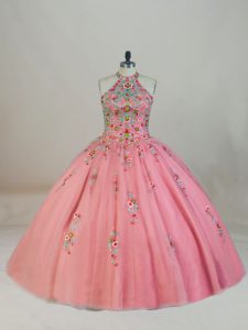 Popular Pink Ball Gowns Appliques and Embroidery Quinceanera Dress Lace Up Tulle Sleeveless