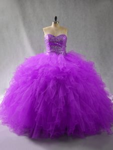 Elegant Purple Sleeveless Floor Length Beading and Ruffles Lace Up Vestidos de Quinceanera