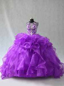  Organza Scoop Sleeveless Lace Up Beading and Ruffles Sweet 16 Quinceanera Dress in Purple