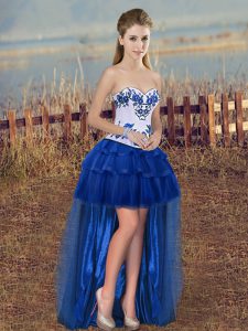 Wonderful Royal Blue Sleeveless Embroidery and Ruffled Layers High Low 