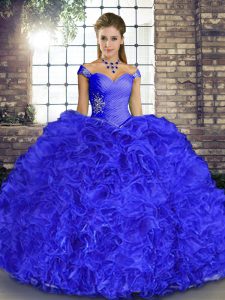  Off The Shoulder Sleeveless Quinceanera Dresses Floor Length Beading and Ruffles Royal Blue Organza