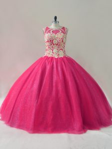 Smart Sleeveless Floor Length Appliques Lace Up Quinceanera Dress with Hot Pink