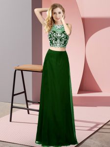 Glamorous Scoop Sleeveless Prom Gown Floor Length Beading Dark Green Chiffon