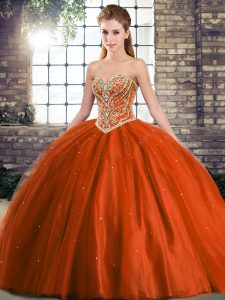 Stylish Rust Red Lace Up Sweetheart Beading Quince Ball Gowns Tulle Sleeveless Brush Train
