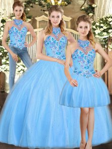 Graceful Tulle Halter Top Sleeveless Lace Up Embroidery Quinceanera Dress in Baby Blue