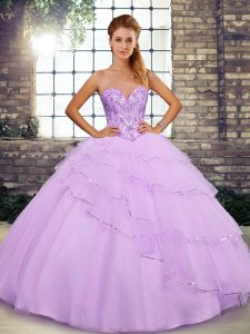Fabulous Lilac Lace Up Quinceanera Dress Beading and Ruffled Layers Sleeveless Brush Train
