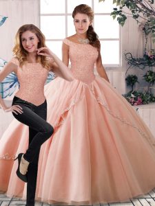  Peach Sleeveless Beading Lace Up 15th Birthday Dress