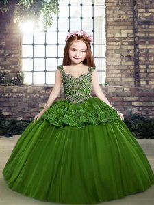 Green Lace Up Little Girl Pageant Dress Beading Sleeveless Floor Length