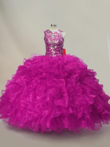 Exceptional Fuchsia Ball Gowns Scoop Sleeveless Organza Floor Length Lace Up Ruffles and Sequins Vestidos de Quinceanera