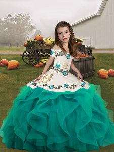  Tulle Straps Sleeveless Lace Up Embroidery Little Girl Pageant Dress in Teal 