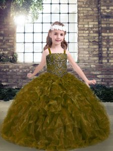 Gorgeous Beading and Ruffles Little Girl Pageant Dress Olive Green Lace Up Sleeveless Floor Length