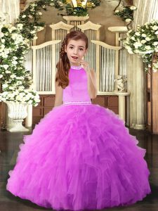 Custom Designed Sleeveless Tulle Floor Length Backless Child Pageant Dress in Lilac with Beading and Ruffles