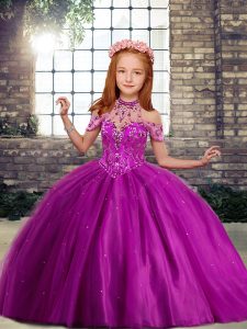 Latest Fuchsia Little Girls Pageant Dress Party and Wedding Party with Beading High-neck Sleeveless Lace Up