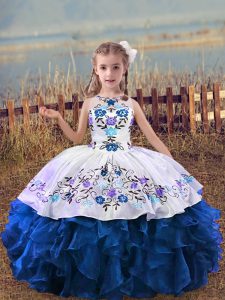 Low Price Scoop Sleeveless Organza Little Girl Pageant Gowns Embroidery and Ruffles Lace Up