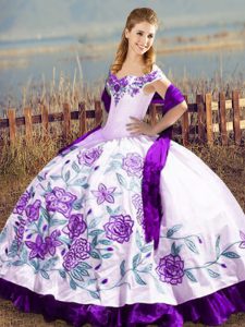 Elegant Ball Gowns Sweet 16 Dresses White And Purple Off The Shoulder Satin Sleeveless Floor Length Lace Up