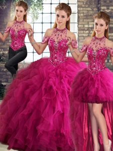 Fuchsia Halter Top Lace Up Beading and Ruffles Quinceanera Gown Sleeveless