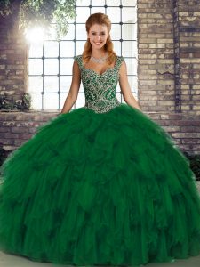  Sleeveless Organza Floor Length Lace Up Quince Ball Gowns in Green with Beading and Ruffles