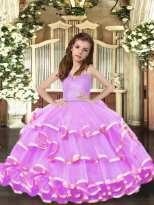Super Lavender Ball Gowns Straps Sleeveless Organza Floor Length Lace Up Ruffled Layers Kids Pageant Dress