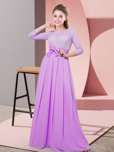 Sweet Lilac Quinceanera Court of Honor Dress Wedding Party with Lace and Belt Scoop 3 4 Length Sleeve Side Zipper