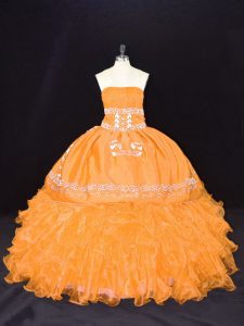 High Class Gold Organza Lace Up Strapless Sleeveless Floor Length 15th Birthday Dress Embroidery and Ruffles