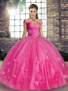  Rose Pink Sweet 16 Quinceanera Dress Military Ball and Sweet 16 and Quinceanera with Beading and Appliques Off The Shoulder Sleeveless Lace Up