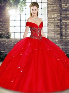 Fitting Off The Shoulder Sleeveless 15 Quinceanera Dress Floor Length Beading and Ruffles Red Tulle
