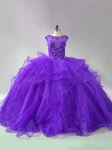 Extravagant Purple Ball Gowns Organza Scoop Sleeveless Beading and Ruffles Lace Up Vestidos de Quinceanera Brush Train