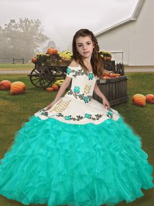 Pretty Turquoise Lace Up Pageant Gowns For Girls Embroidery and Ruffles Long Sleeves Floor Length