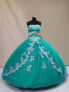  Tulle Strapless Sleeveless Lace Up Appliques Quinceanera Dresses in Turquoise