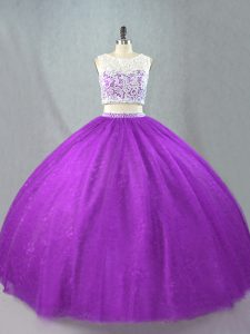 Wonderful Sleeveless Tulle Floor Length Zipper Sweet 16 Dress in Purple with Beading