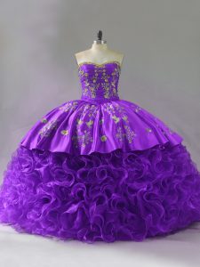 Fitting Purple Ball Gowns Embroidery and Ruffles Quinceanera Gown Lace Up Fabric With Rolling Flowers Sleeveless