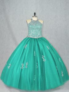 Luxury Turquoise Ball Gowns Beading and Appliques Ball Gown Prom Dress Lace Up Tulle Sleeveless Floor Length