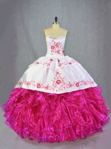 Inexpensive Hot Pink Sweetheart Lace Up Beading and Embroidery and Ruffles Quinceanera Gowns Brush Train Sleeveless