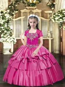 Elegant Floor Length Hot Pink Little Girl Pageant Gowns Taffeta Sleeveless Beading