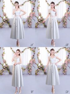  Tea Length Lace Up Quinceanera Court Dresses Silver for Wedding Party with Appliques