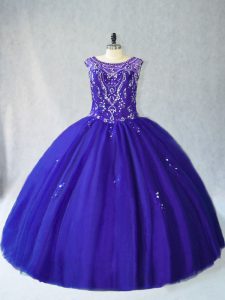  Scoop Sleeveless Quinceanera Gowns Floor Length Beading Royal Blue Tulle