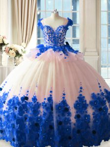  Tulle Sleeveless Quinceanera Gown Brush Train and Hand Made Flower