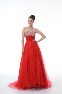 Cute Red Sleeveless Beading Zipper Evening Dress