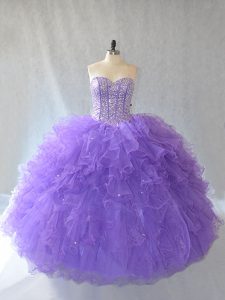Exquisite Lavender Ball Gowns Sweetheart Sleeveless Tulle Floor Length Lace Up Beading and Ruffles and Sequins 15th Birthday Dress