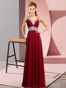  Empire Prom Dresses Burgundy V-neck Chiffon Sleeveless Floor Length Lace Up